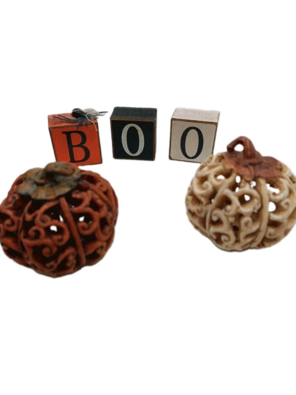 Distressed Swirl Mini Pumpkin Table Shelf Decor Creme Orange And Wood "Boo"